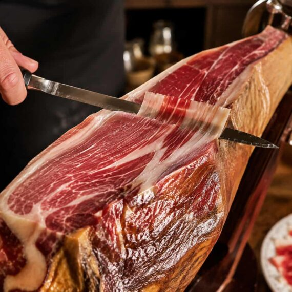 Detalle de la técnica de corte de una loncha fina de jamón